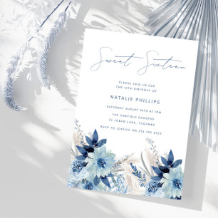 Invitation Aquarelle bleu poussiéreux Floraux doux 16 Anniver