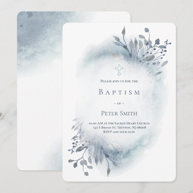Invitation aquarelle bleu poussiéreux verdure baptême bébé ga (Devant / Derrière)