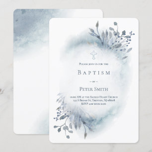 Invitation aquarelle bleu poussiéreux verdure baptême bébé ga