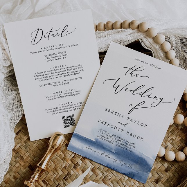 Invitation Aquarelle Bleu QR Détails Mariage (Créateur téléchargé)