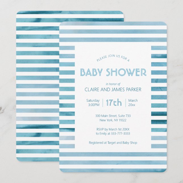 Invitation Aquarelle Bleu Rayures Baby shower simple (Devant / Derrière)