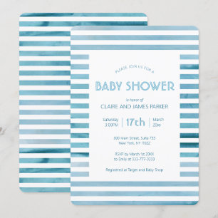 Invitation Aquarelle Bleu Rayures Baby shower simple