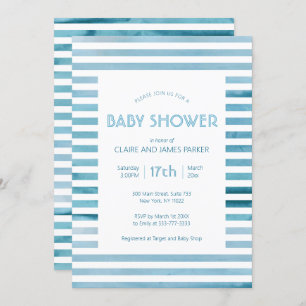 Invitation Aquarelle Bleu Rayures Baby shower simple