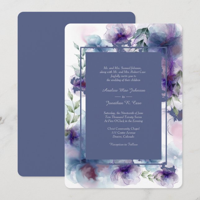 Invitation Aquarelle bleu romantique Floral Mariage officiel (Devant / Derrière)