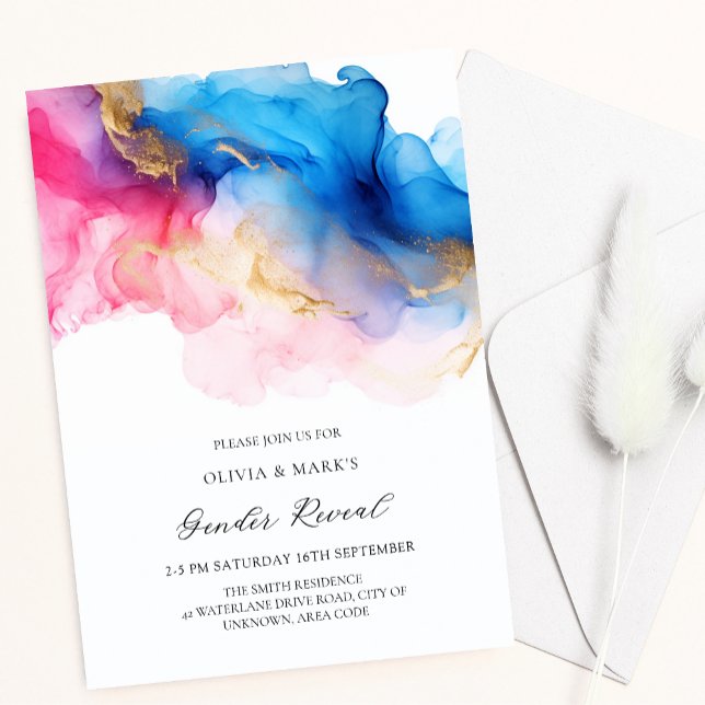 Invitation Aquarelle bleu rose et or Bébé Genre Révélation (Créateur téléchargé)
