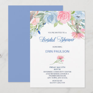 Invitation Aquarelle bleu rose Fête des mariées Floral Invita