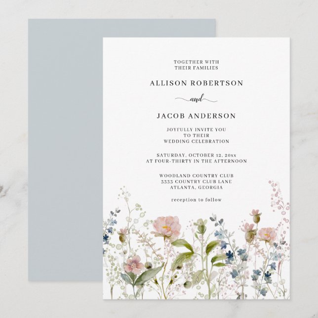 Invitation Aquarelle bleu rose Fleur sauvage Mariage Floral (Devant / Derrière)