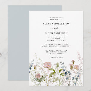 Invitation Aquarelle bleu rose Fleur sauvage Mariage Floral