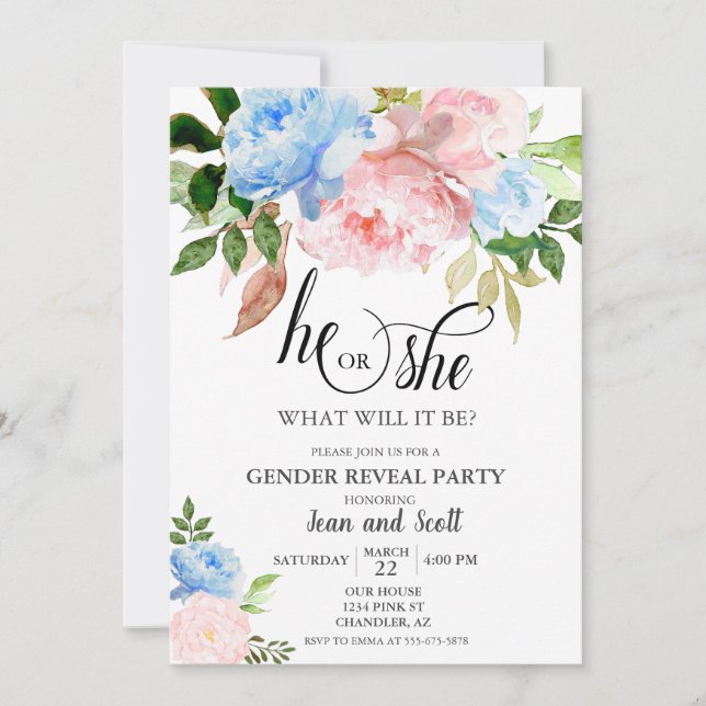 Invitation Aquarelle bleu rose Floral Genre Revevela Party (Devant)