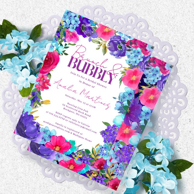 Invitation Aquarelle bleu rose gras Brunch Bubbly (Créateur téléchargé)