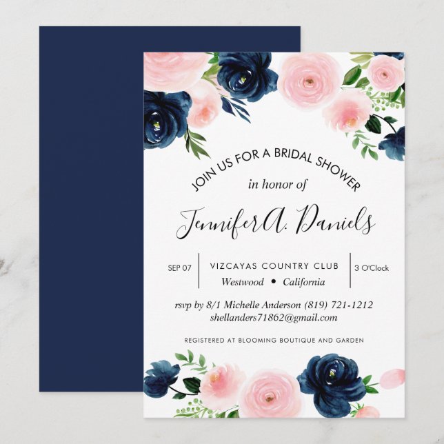 Invitation aquarelle bleu rose marine rose floral (Devant / Derrière)