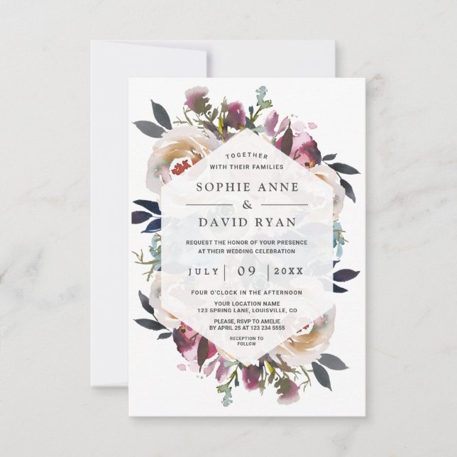 Invitation Aquarelle bleu rose pâle Mariage de bouquet floral (Devant)