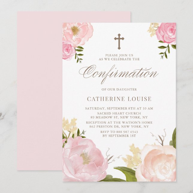 Invitation Aquarelle bleu rose pivoine Confirmation florale (Devant / Derrière)