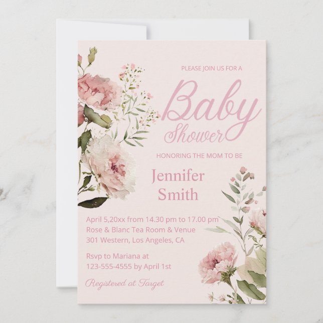 Invitation aquarelle bleu rose rose roses fille baby shower (Devant)