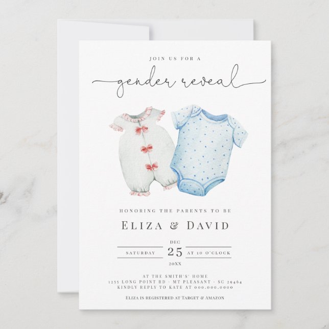 Invitation Aquarelle Bleu rose Vêtements de bébé Révélation d (Devant)