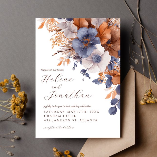 Invitation Aquarelle bleu rouille Dusty Floral Mariage élégan (Dusty Blue Rust Watercolor Floral Elegant Wedding Invitation)
