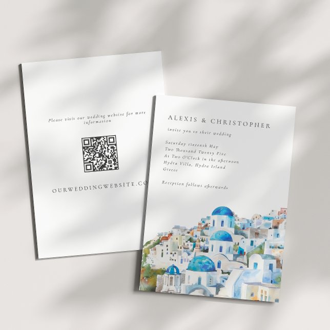 Invitation Aquarelle bleu Santorini QR Code Mariage (Créateur téléchargé)