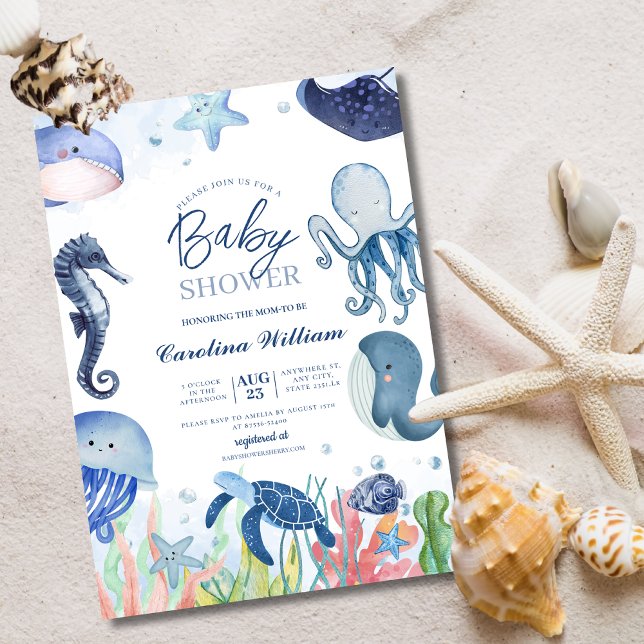 Invitation Aquarelle bleu sous le baby shower marin (Créateur téléchargé)