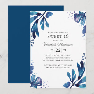 Invitation Aquarelle bleu Sweet 16. Floral 16e anniversaire