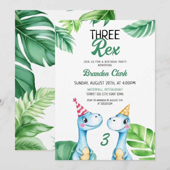 Invitation Aquarelle Bleu Trex Vert Enfants 3e anniversaire (Devant / Derrière)