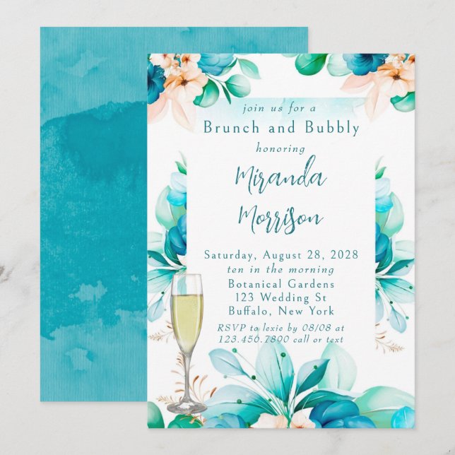 Invitation Aquarelle bleu turquoise Brunch floral et Bubbly I (Devant / Derrière)