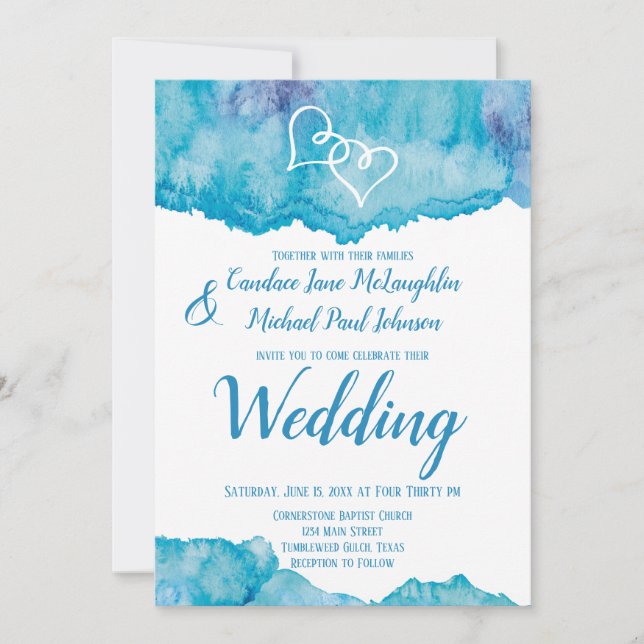 Invitation Aquarelle bleu turquoise Mariage double coeur (Devant)