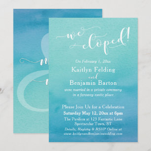 Invitation Aquarelle bleu turquoise Ombre Nous Elopé Réceptio
