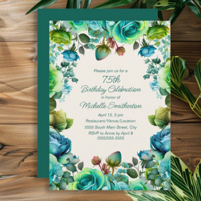 Invitation Aquarelle bleu turquoise vert Floral 75e anniversa (Lime green, teal, and blue watercolor floral women's 75th birthday party invitation)