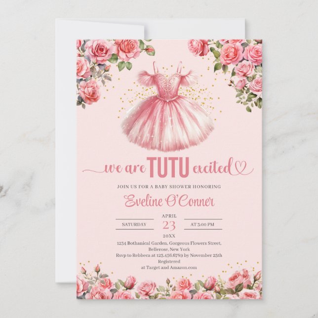 Invitation Aquarelle bleu tutu robe rose roses Baby shower (Devant)
