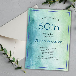 Invitation Aquarelle bleu vert 60e anniversaire pour lui