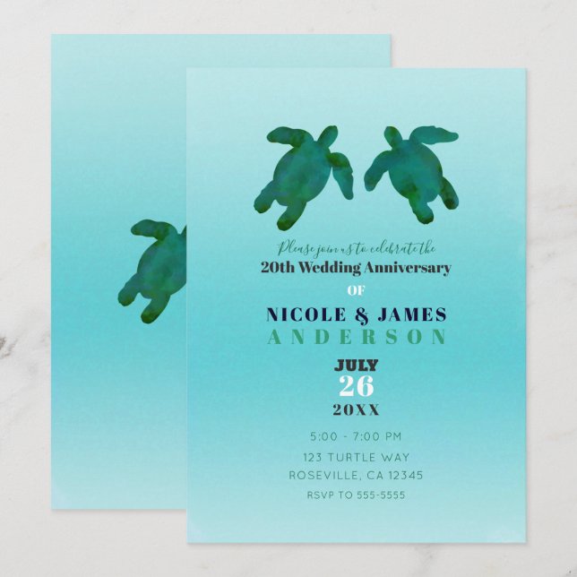 Invitation Aquarelle bleu vert Anniversaire des tortues de me (Devant / Derrière)
