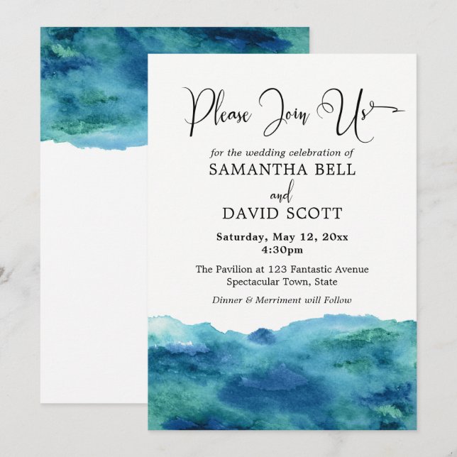Invitation Aquarelle bleu vert Aqua Mariage moderne 1b (Devant / Derrière)
