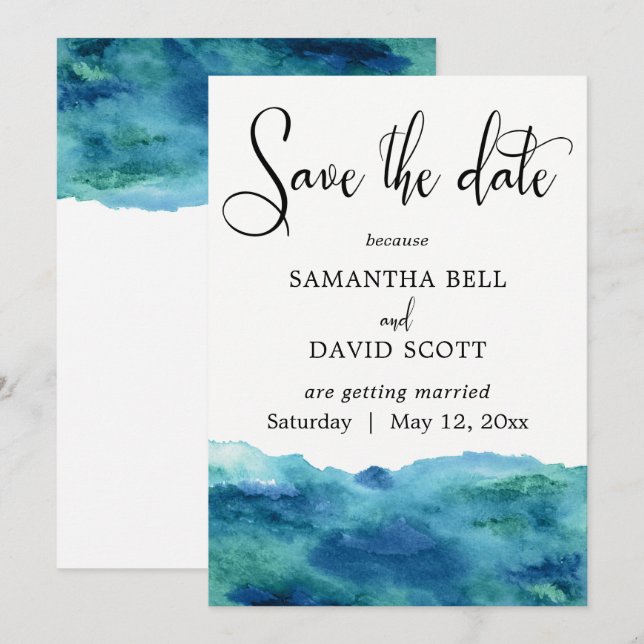 Invitation Aquarelle bleu vert Aqua Moderne Enregistrer la da (Devant / Derrière)