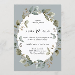 Invitation Aquarelle bleu vert Mariage Feuille Greeney