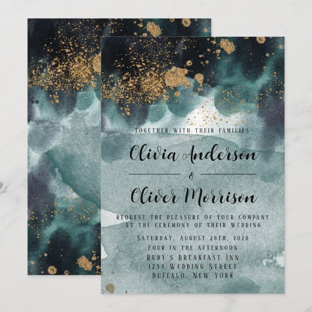 Invitation Aquarelle bleu vert or Agate Beach Wedding Inv (Devant / Derrière)