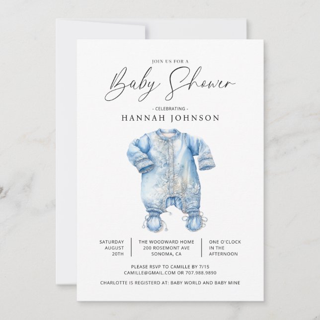 Invitation Aquarelle Bleu Vêtements bébé Garçon Douche (Devant)