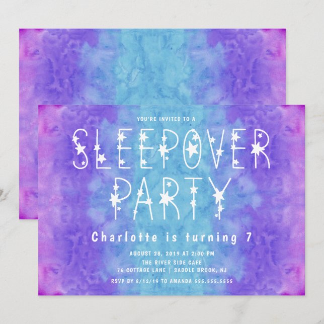 Invitation Aquarelle bleu violet Étoiles filles couchette (Devant / Derrière)