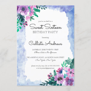Invitation Aquarelle bleu violet Floral Douceur 16 Anniversai