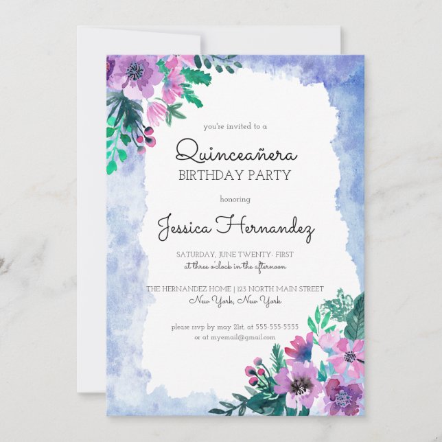 Invitation Aquarelle bleu violet Floral Quinceañera Anniversa (Devant)