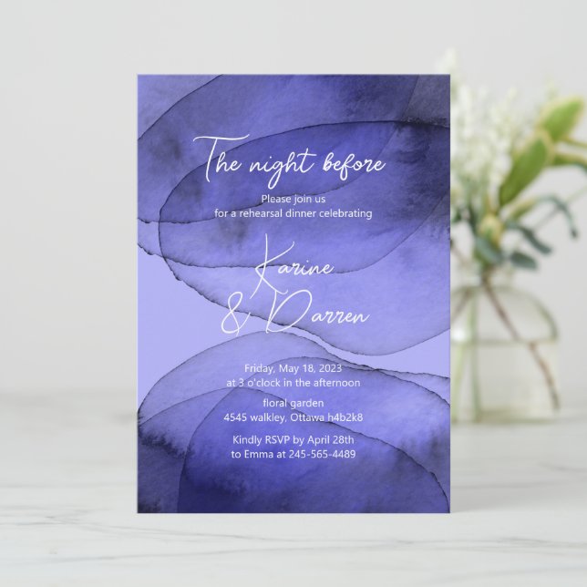 Invitation Aquarelle bleu violet lavande Dîner de répétition (Debout devant)