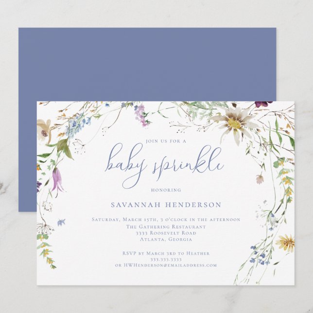 Invitation Aquarelle bleu Whimsical Fleur sauvage Baby Sprink (Devant / Derrière)