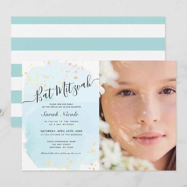 Invitation Aquarelle bleu x Bat mitzvah photo or (Devant / Derrière)