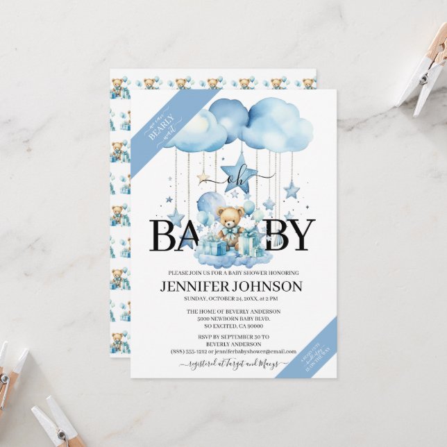 Invitation Aquarelle Bleue adorable Baby shower Ours En Teddy (Devant/Arrière en situation)