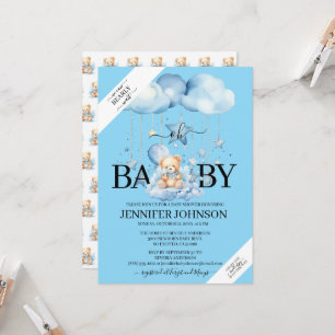 Invitation Aquarelle Bleue adorable Baby shower Ours En Teddy