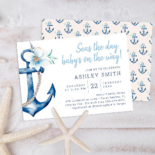 Invitation Aquarelle bleue Ancre florale Baby shower nautique