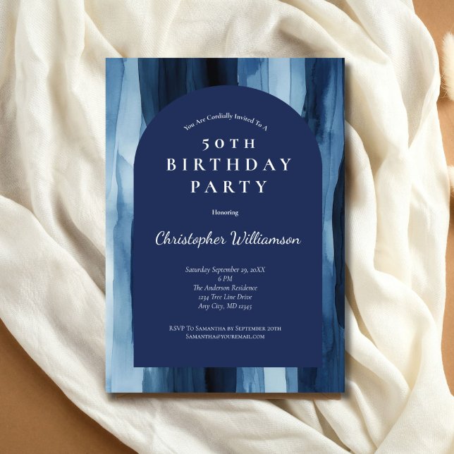 Invitation Aquarelle bleue Arc moderne homme 50e anniversaire (Blue Abstract Modern Watercolor 50th Birthday invitation for him. Printed or Digital)