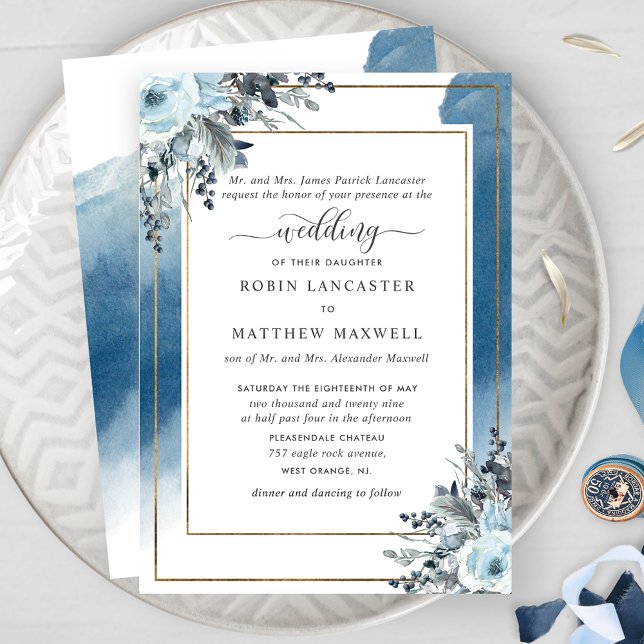 Invitation Aquarelle bleue avec Floral Bleu, Parents Hébergem (Créateur téléchargé)