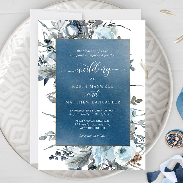 Invitation Aquarelle bleue avec Mariage bleu élégant (Créateur téléchargé)