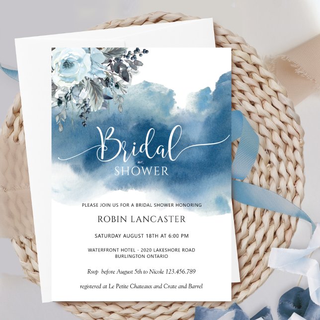 Invitation Aquarelle bleue avec shower/banquet floral de mari (Créateur téléchargé)