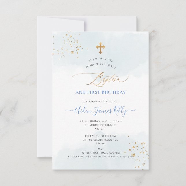 Invitation Aquarelle bleue Baptême d'or+1er anniversaire (Devant)